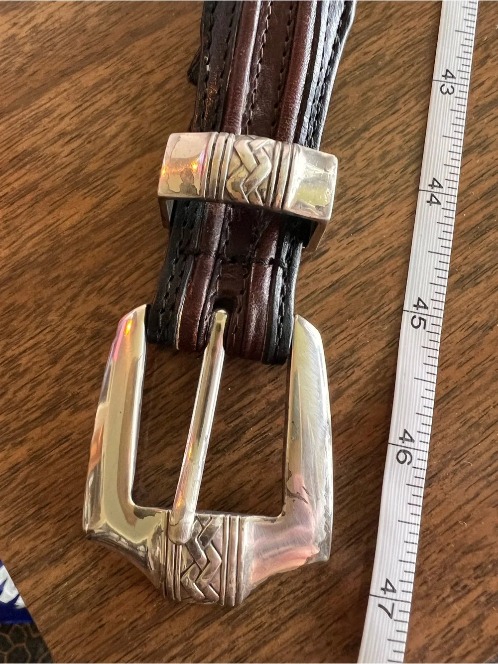 VTG ONYX by Brighton Two Tone Leather Belt Men 42 Silver Buckle Western Rodeo